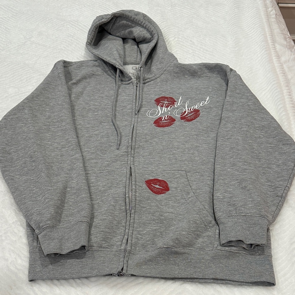 Gray Hoodie with Red Lip Print